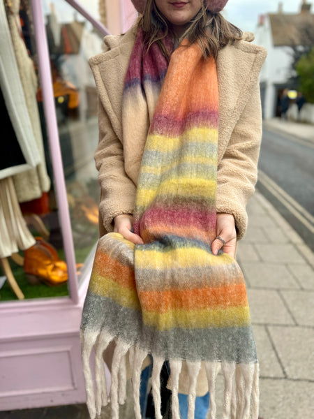 Soft Tassel Blanket Scarf |  Yellow Stripe Multi