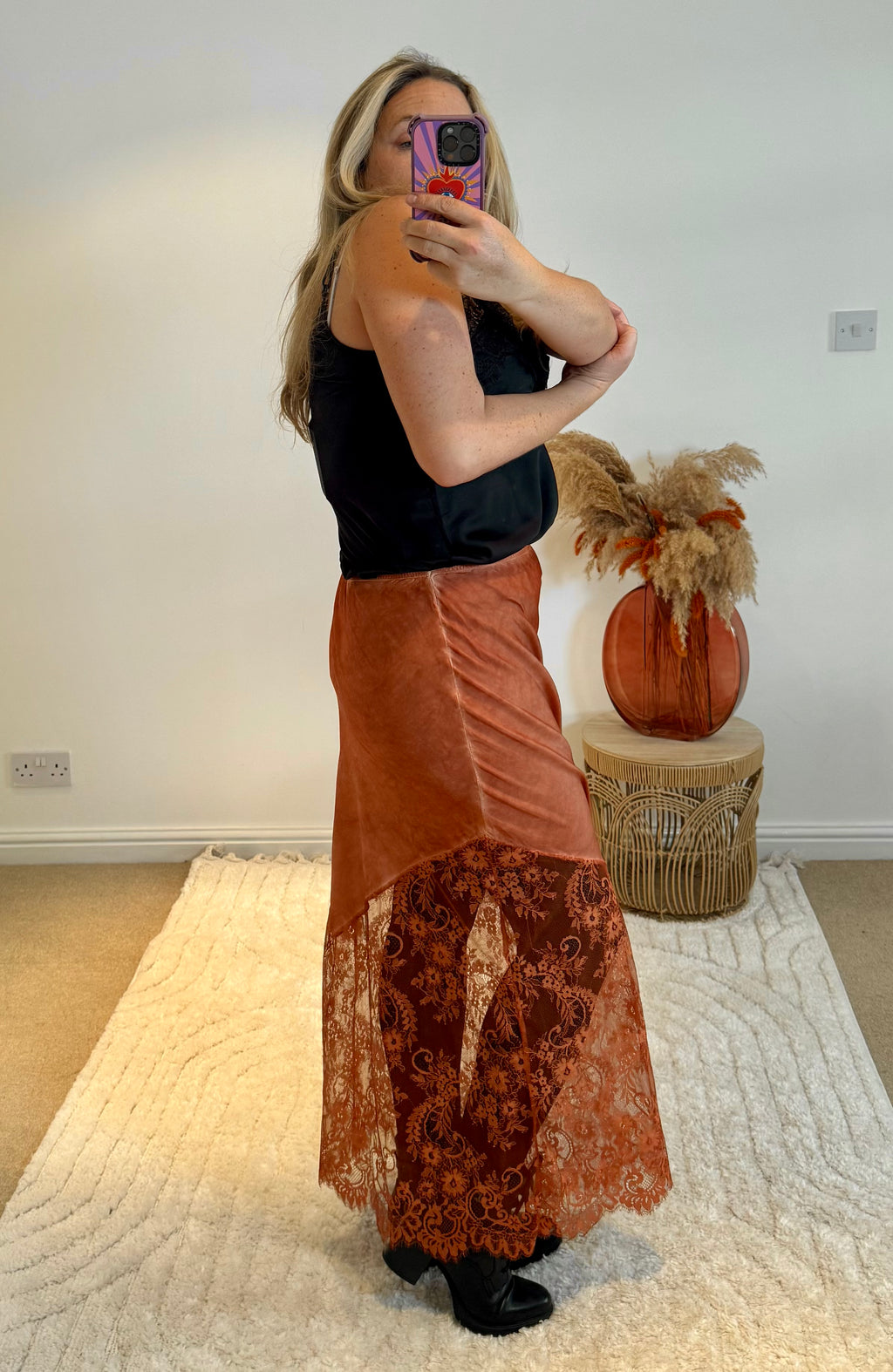 Lace Detail Satin Maxi Skirt | Burnt Orange