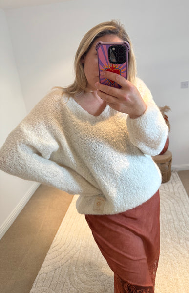 Mohair Blend V-Neck Jumper | Cream