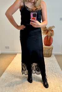 Lace Hem Satin Midi Skirt | Black