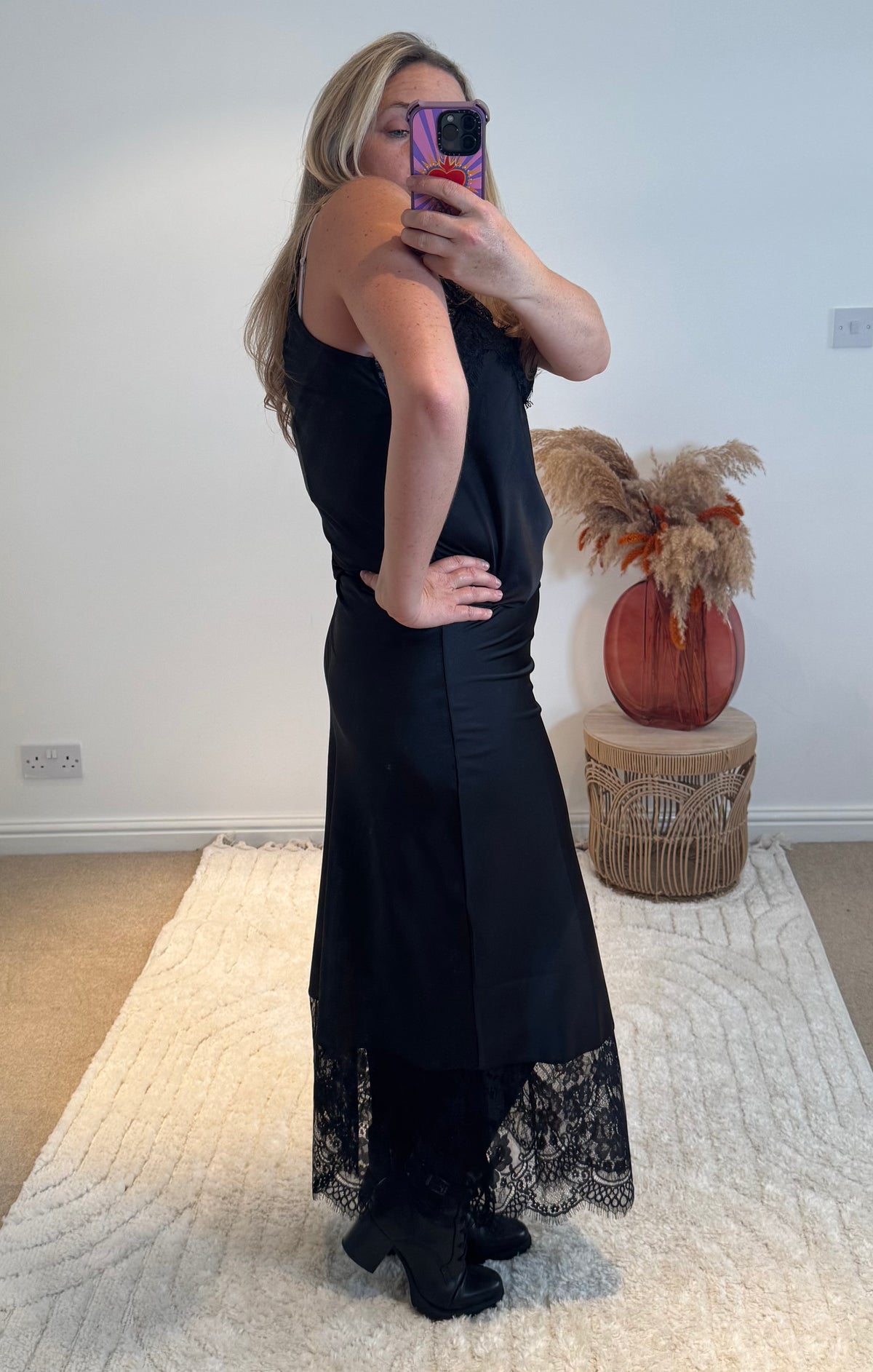 Lace Hem Satin Midi Skirt | Black