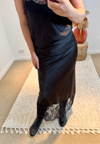 Lace Hem Satin Midi Skirt | Black