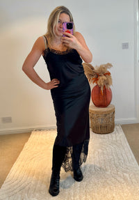 Lace Hem Satin Midi Skirt | Black