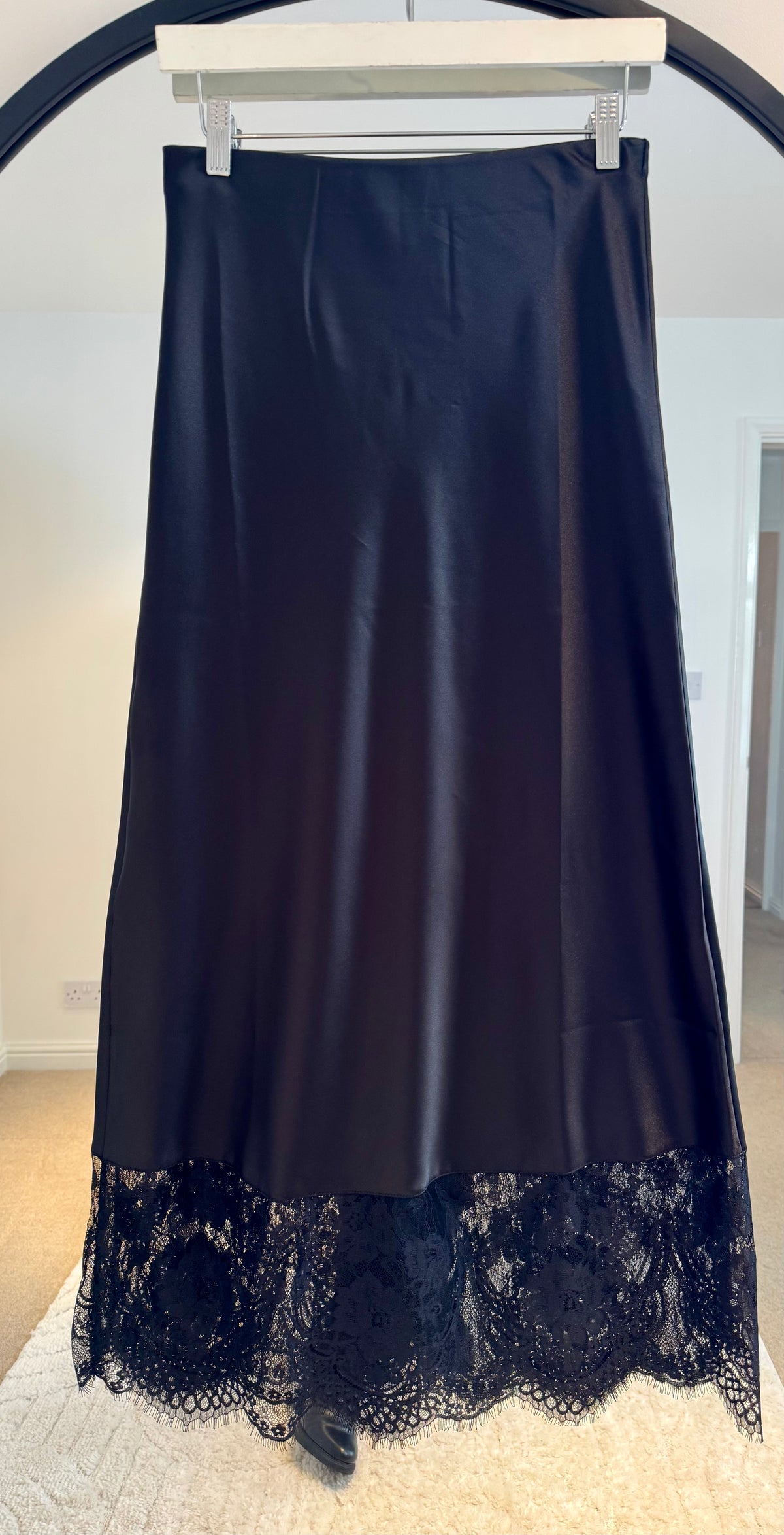Lace Hem Satin Midi Skirt | Black