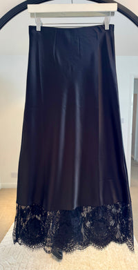 Lace Hem Satin Midi Skirt | Black