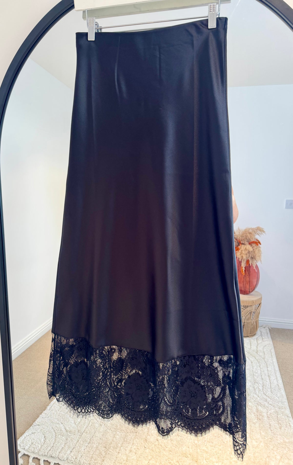 Lace Hem Satin Midi Skirt | Black