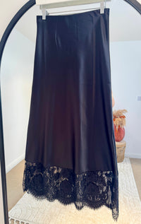 Lace Hem Satin Midi Skirt | Black