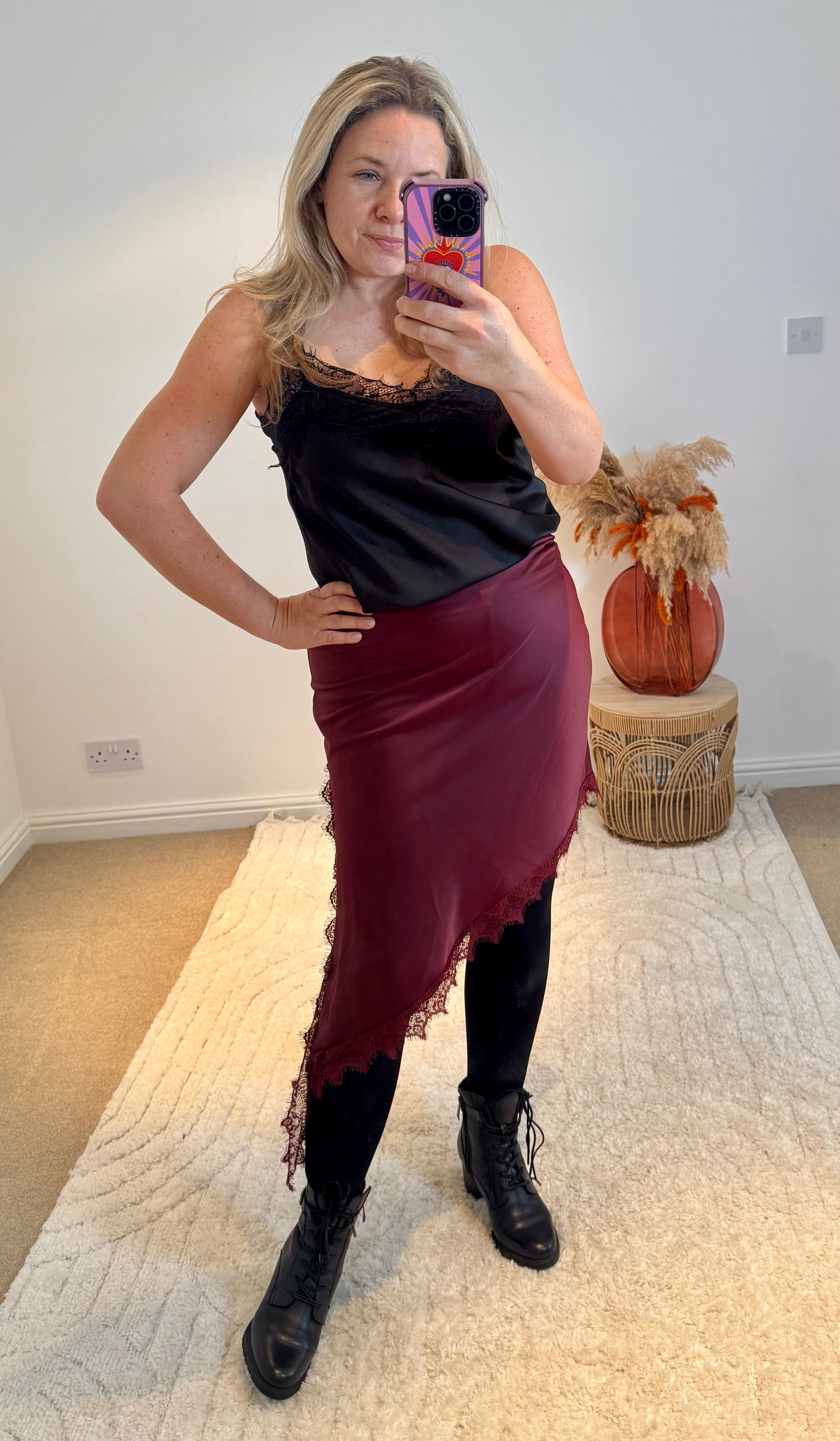 Asymmetric Lace Detail Satin Skirt | Wine
