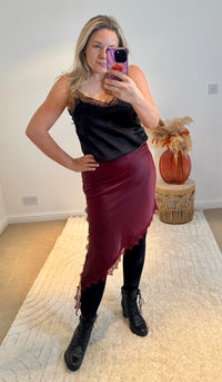 Asymmetric Lace Detail Satin Skirt | Wine