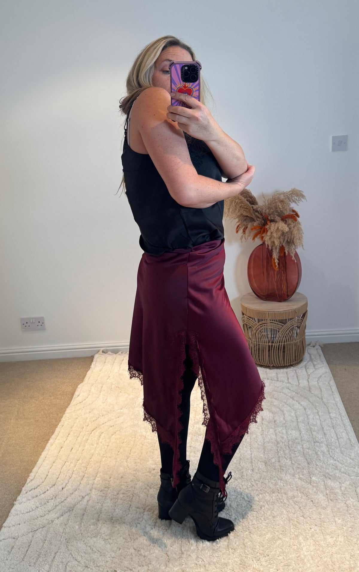 Asymmetric Lace Detail Satin Skirt | Wine
