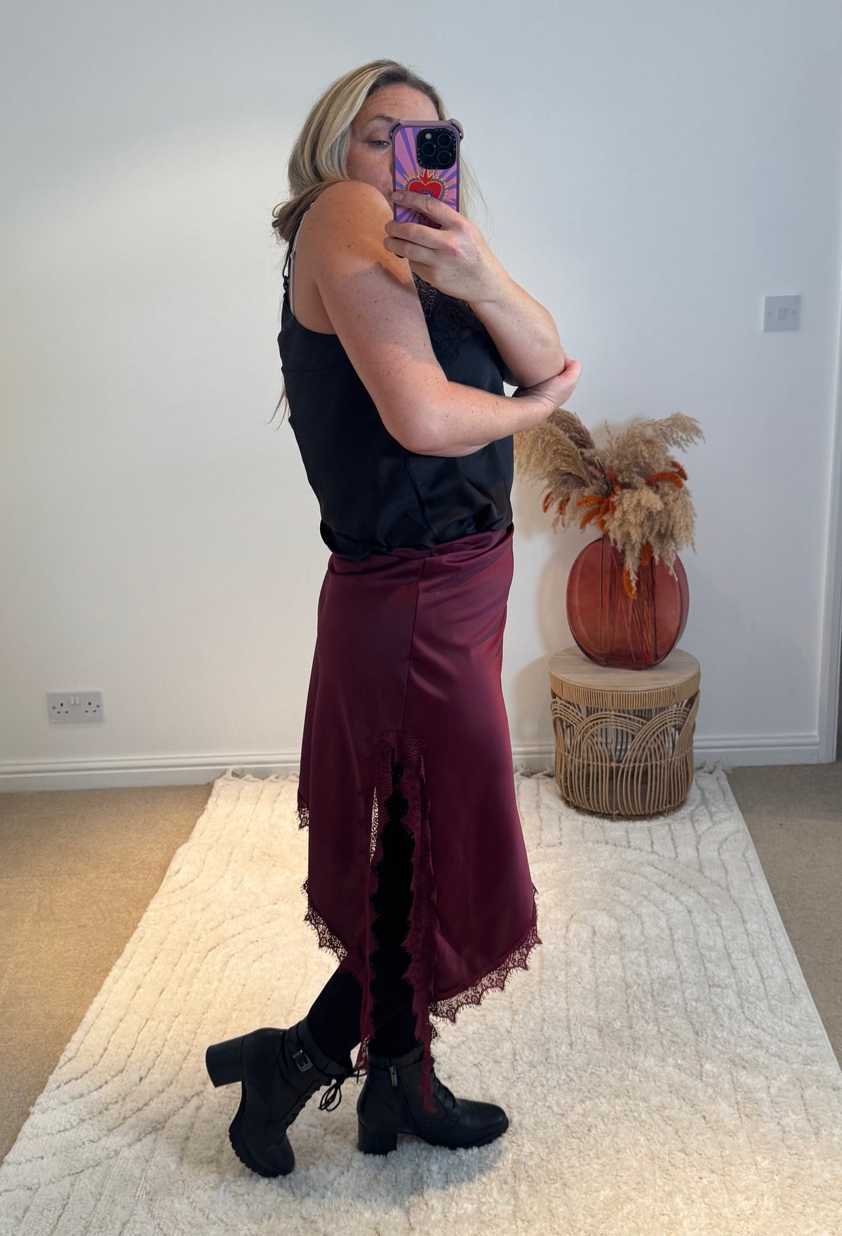 Asymmetric Lace Detail Satin Skirt | Wine