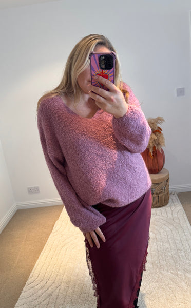Mohair Blend V-Neck Jumper | Dusky Lilac