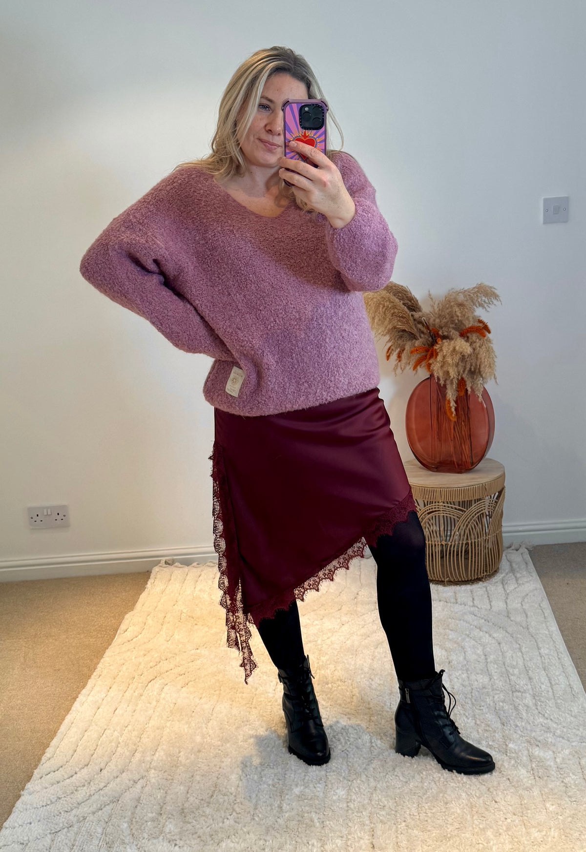 Asymmetric Lace Detail Satin Skirt | Wine