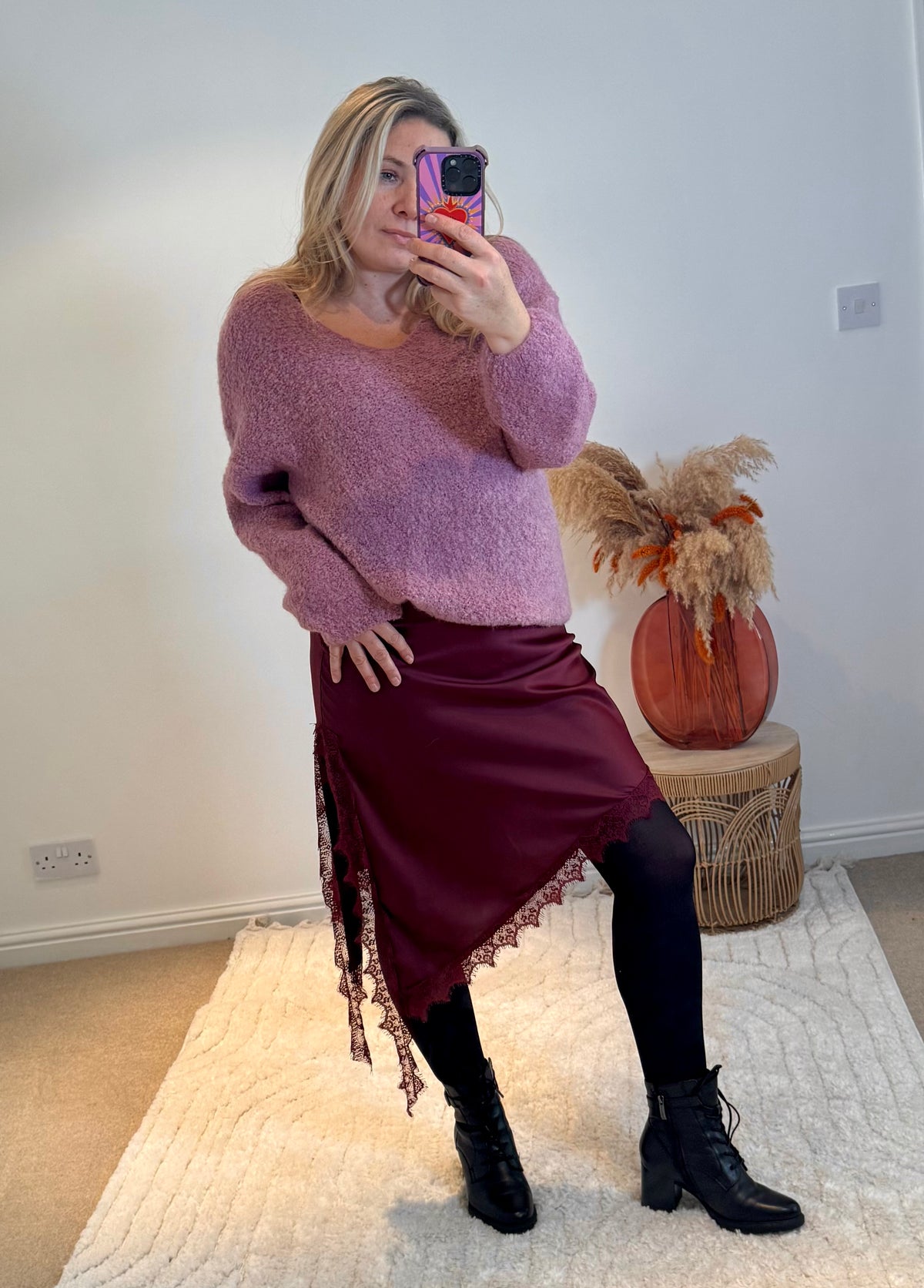 Asymmetric Lace Detail Satin Skirt | Wine