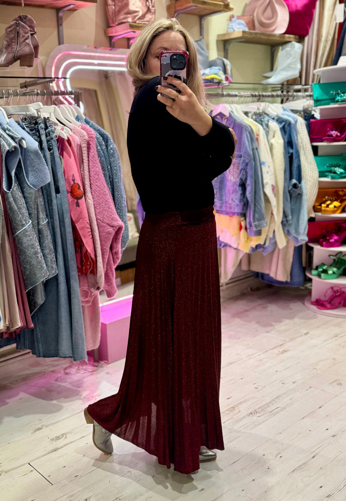 Glitter Pleated Maxi Skirt Burgundy Pink Flamingo Boutique Kent