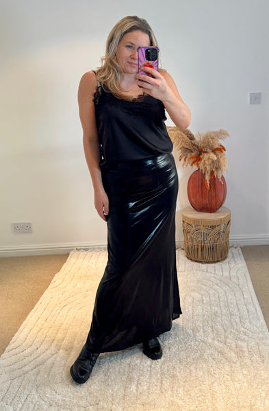 Metallic Shine Maxi Skirt | Black