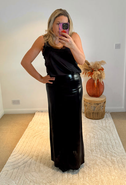 Metallic Shine Maxi Skirt | Black