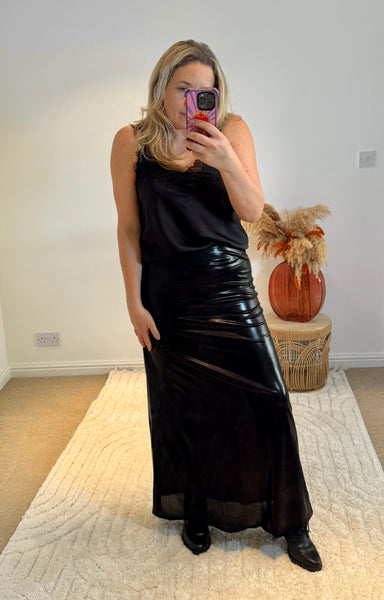 Metallic Shine Maxi Skirt | Black