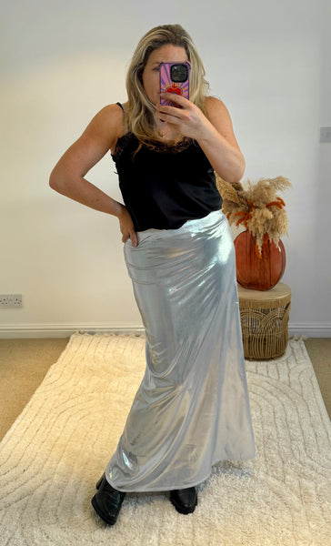 Metallic Shine Maxi Skirt | Silver