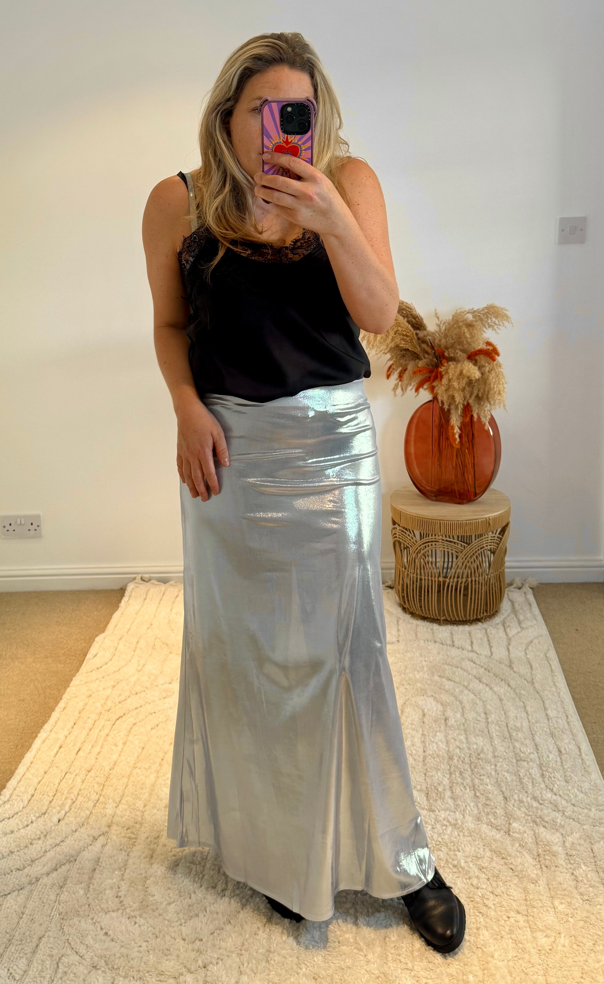 Metallic Shine Maxi Skirt | Silver