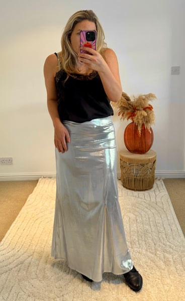 Metallic Shine Maxi Skirt | Silver