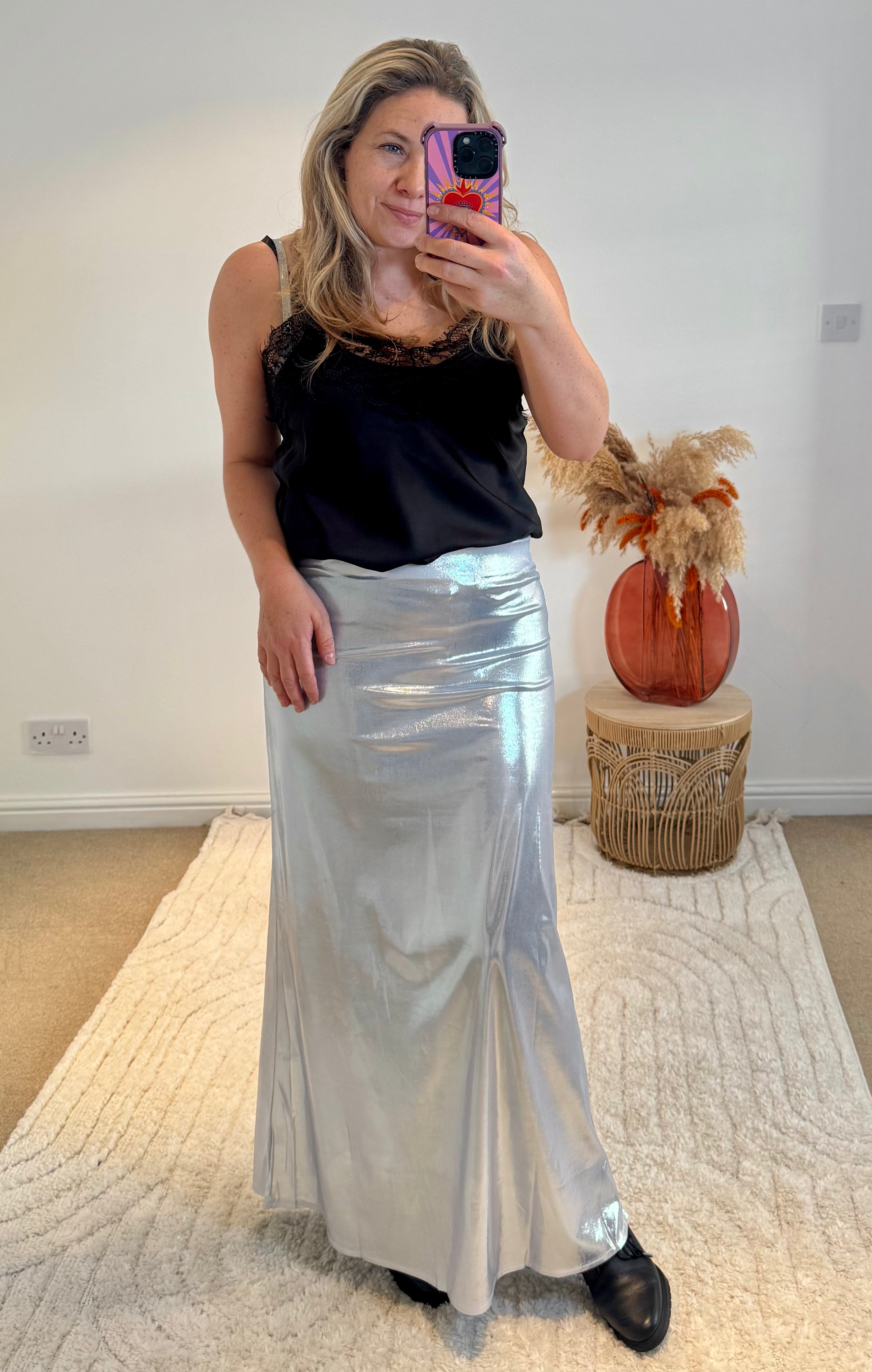 Metallic Shine Maxi Skirt | Silver