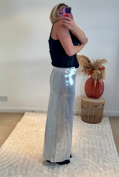 Metallic Shine Maxi Skirt | Silver