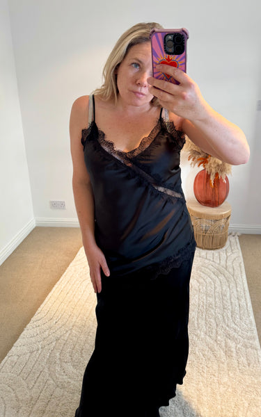 Asymmetric Lace Detail Satin Camisole | Black