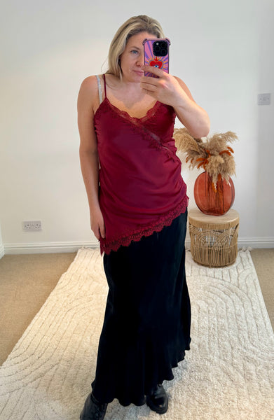Asymmetric Lace Detail Satin Camisole | Wine Red