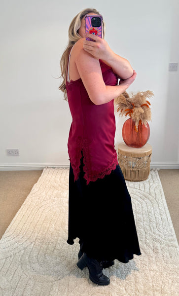 Asymmetric Lace Detail Satin Camisole | Wine Red