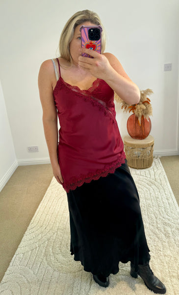 Asymmetric Lace Detail Satin Camisole | Wine Red