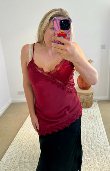Asymmetric Lace Detail Satin Camisole | Wine Red