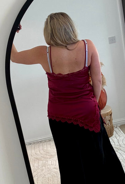 Asymmetric Lace Detail Satin Camisole | Wine Red
