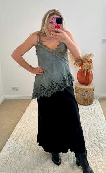 Distressed Asymmetric Lace Detail Satin Camisole | Grey/Khaki