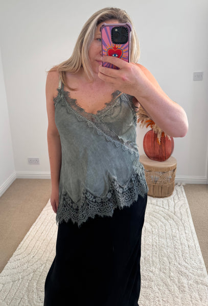 Distressed Asymmetric Lace Detail Satin Camisole | Grey/Khaki