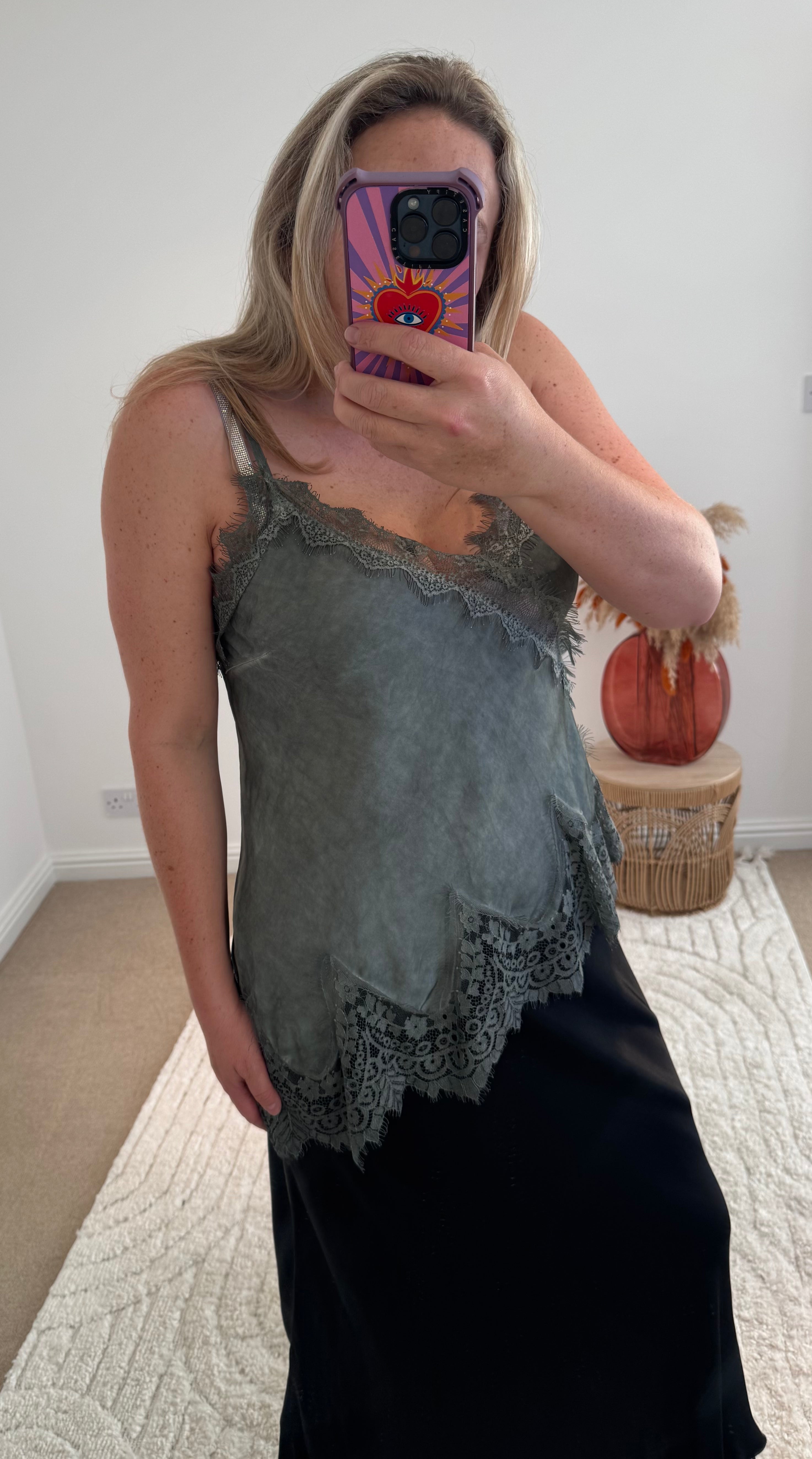 Distressed Asymmetric Lace Detail Satin Camisole | Grey/Khaki