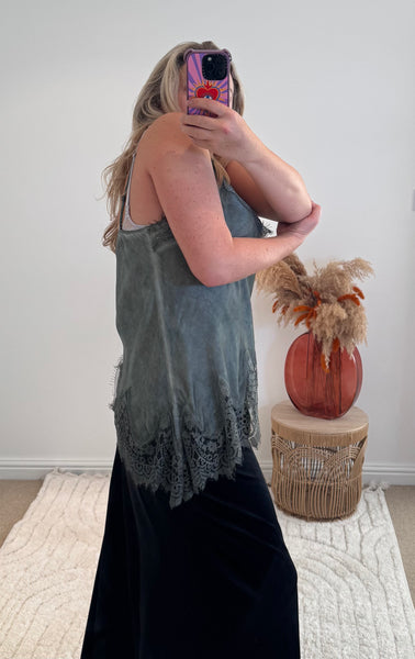 Distressed Asymmetric Lace Detail Satin Camisole | Grey/Khaki