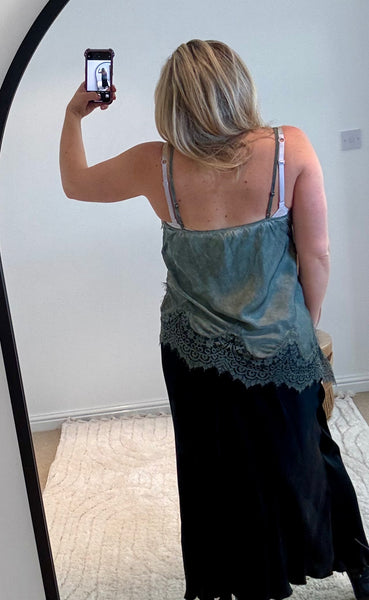 Distressed Asymmetric Lace Detail Satin Camisole | Grey/Khaki