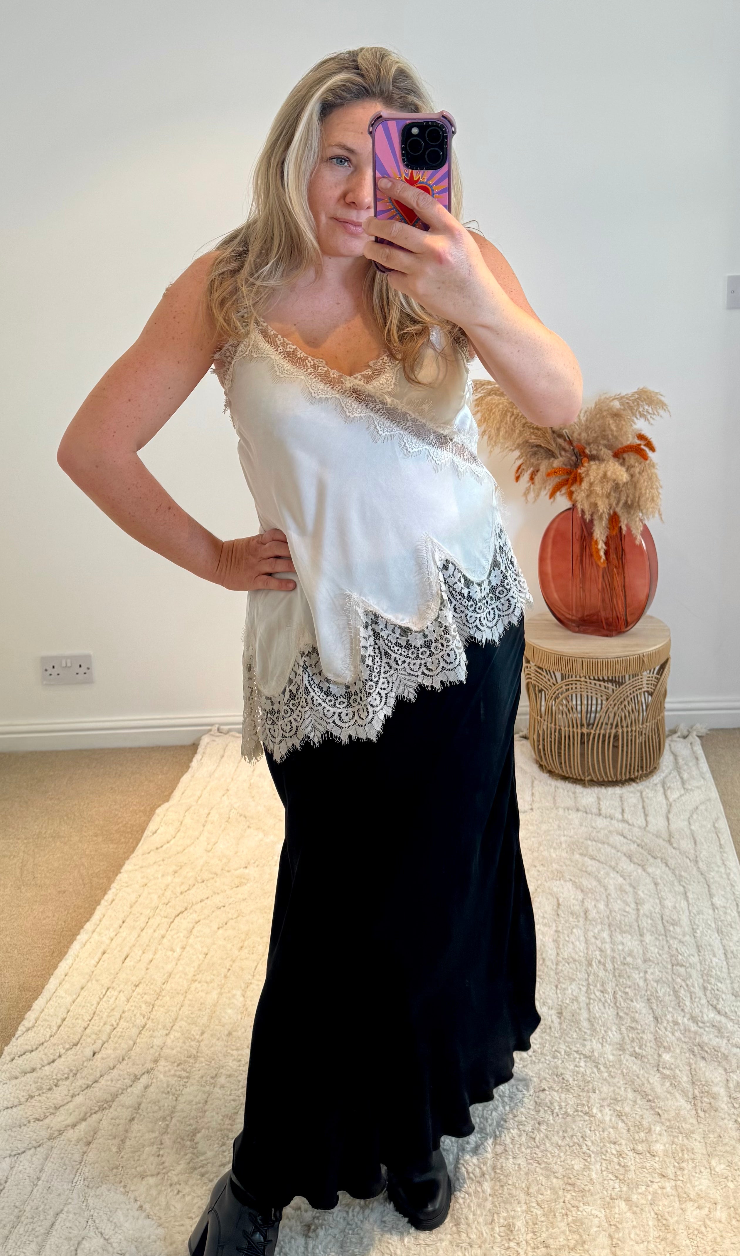 Distressed Asymmetric Lace Detail Satin Camisole | Ivory