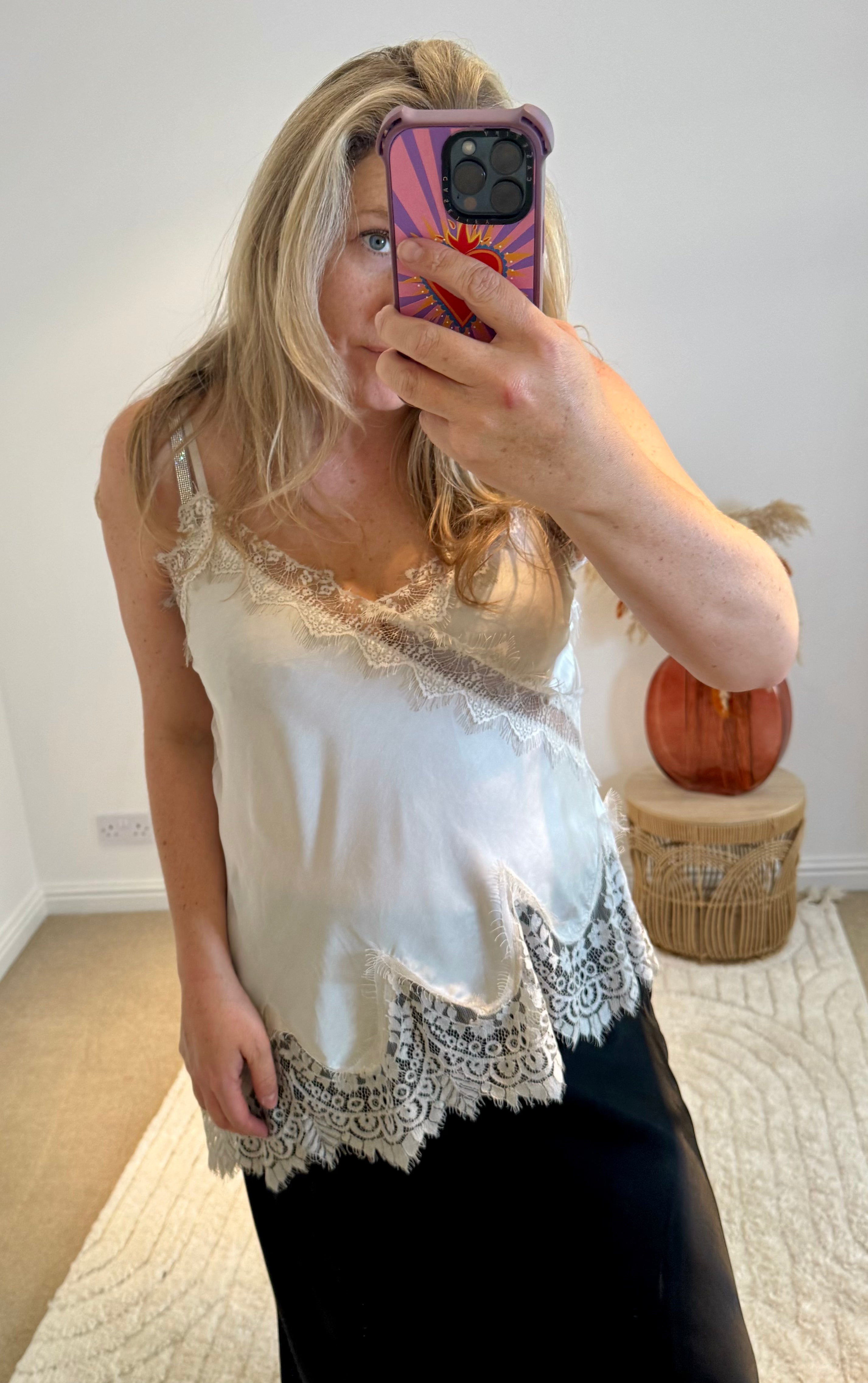 Distressed Asymmetric Lace Detail Satin Camisole | Ivory