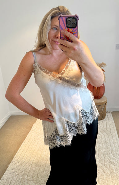 Distressed Asymmetric Lace Detail Satin Camisole | Ivory