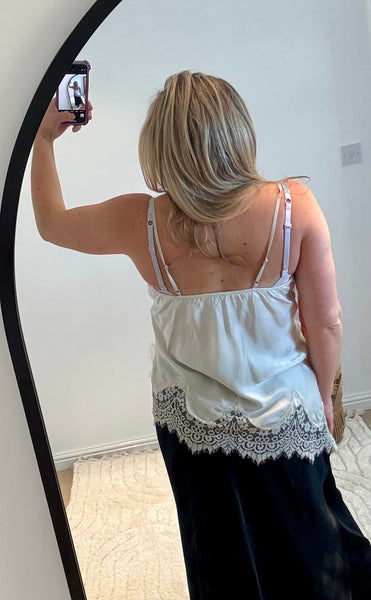 Distressed Asymmetric Lace Detail Satin Camisole | Ivory
