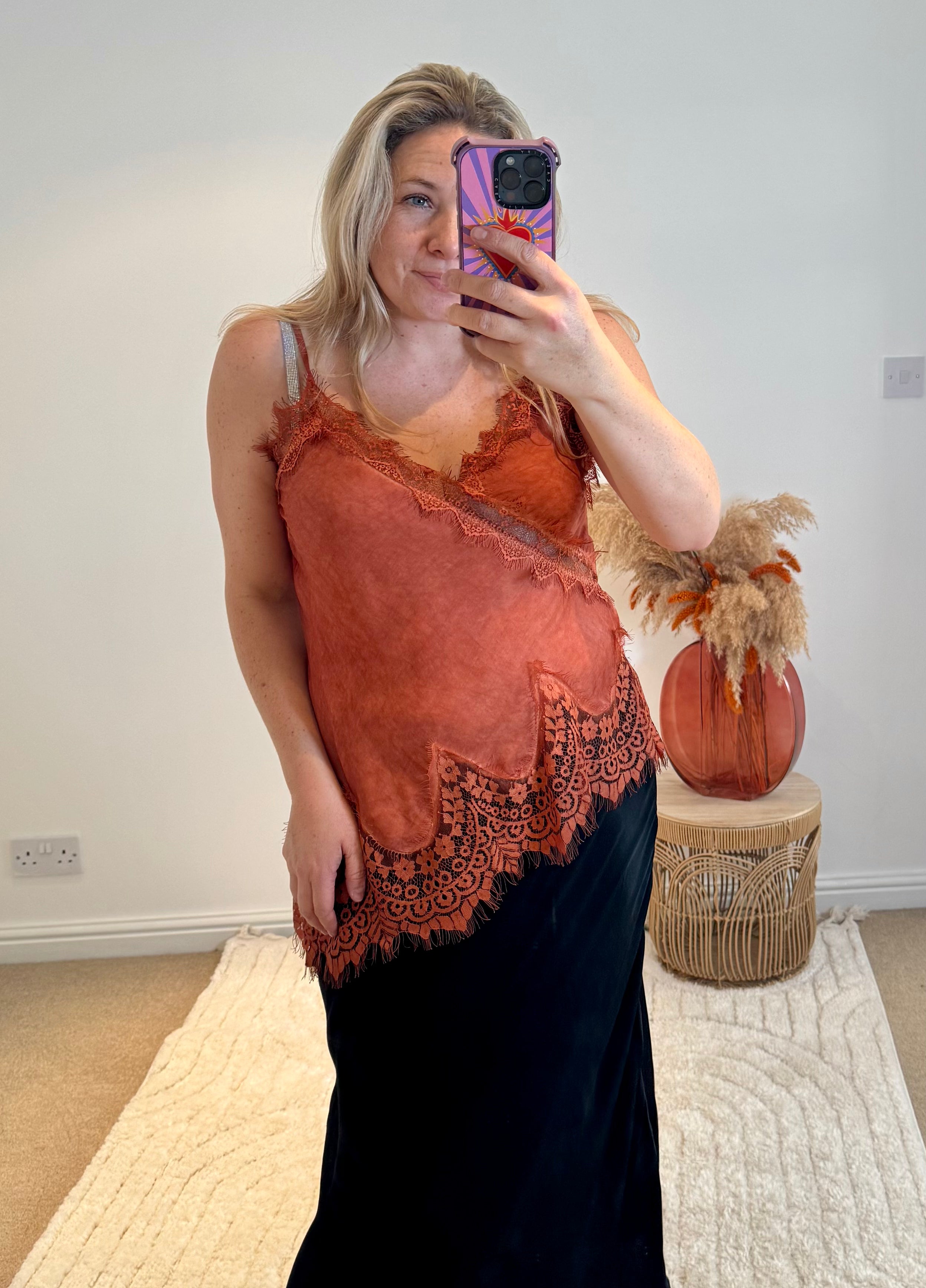 Distressed Asymmetric Lace Detail Satin Camisole | Burnt Orange