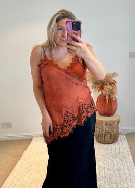 Distressed Asymmetric Lace Detail Satin Camisole | Burnt Orange