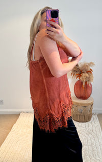 Distressed Asymmetric Lace Detail Satin Camisole | Burnt Orange