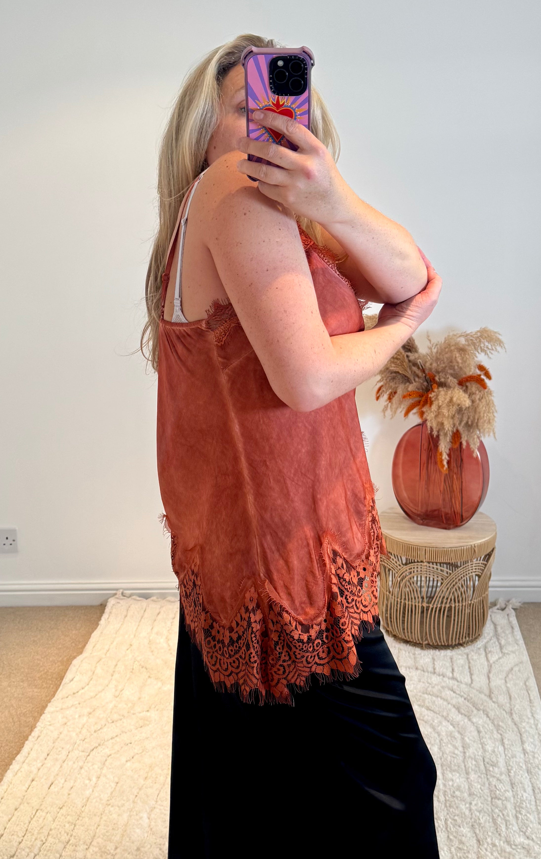 Distressed Asymmetric Lace Detail Satin Camisole | Burnt Orange