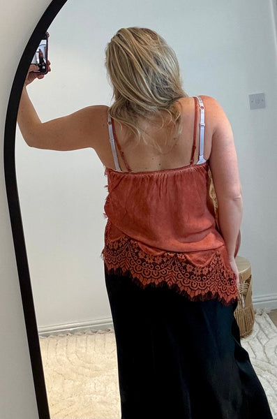Distressed Asymmetric Lace Detail Satin Camisole | Burnt Orange