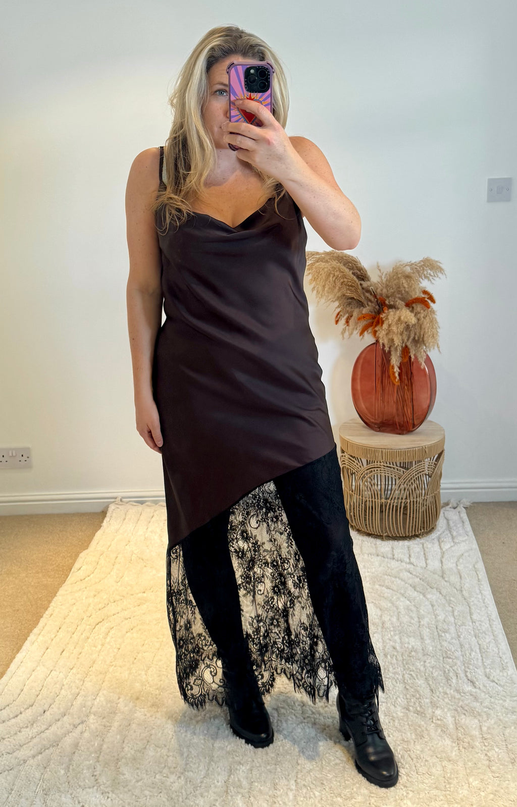 Satin and Lace Slip Maxi Dress | Chocolate/Black