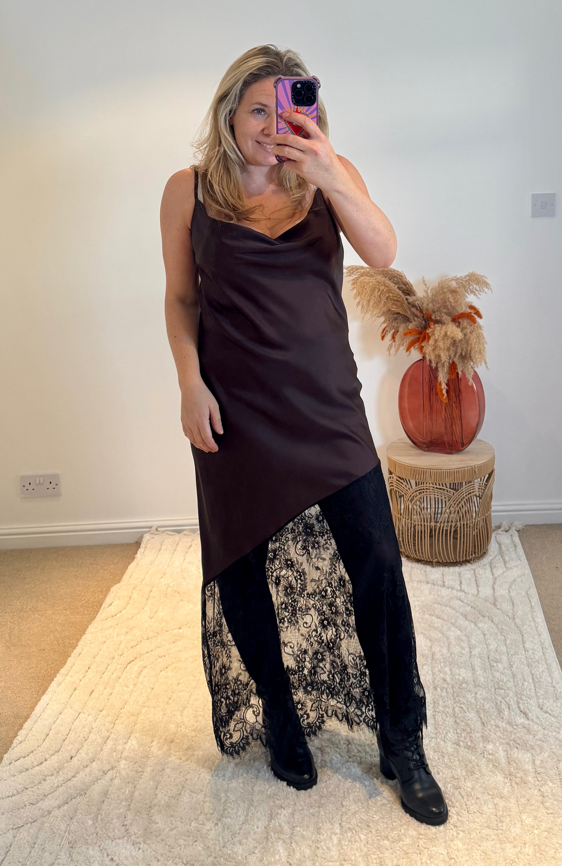 Satin and Lace Slip Maxi Dress | Chocolate/Black