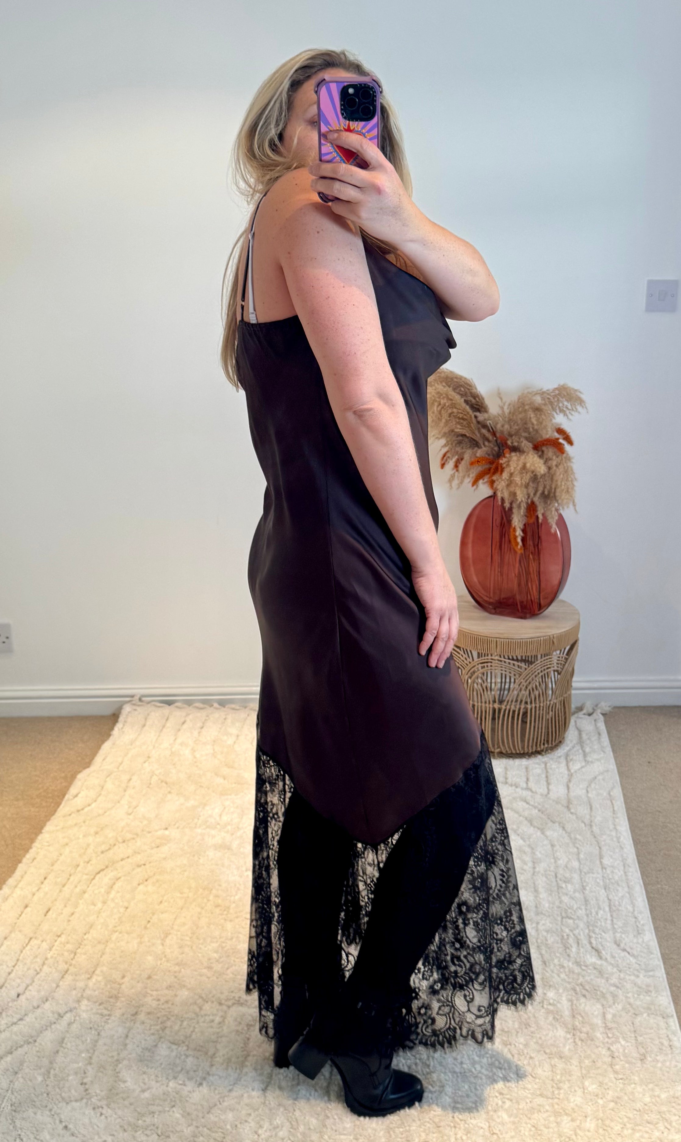 Satin and Lace Slip Maxi Dress | Chocolate/Black